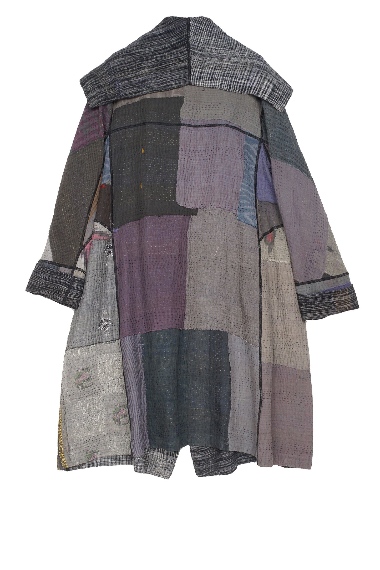 WOVEN IKAT & FRAYED PATCH KANTHA A-LINE COAT