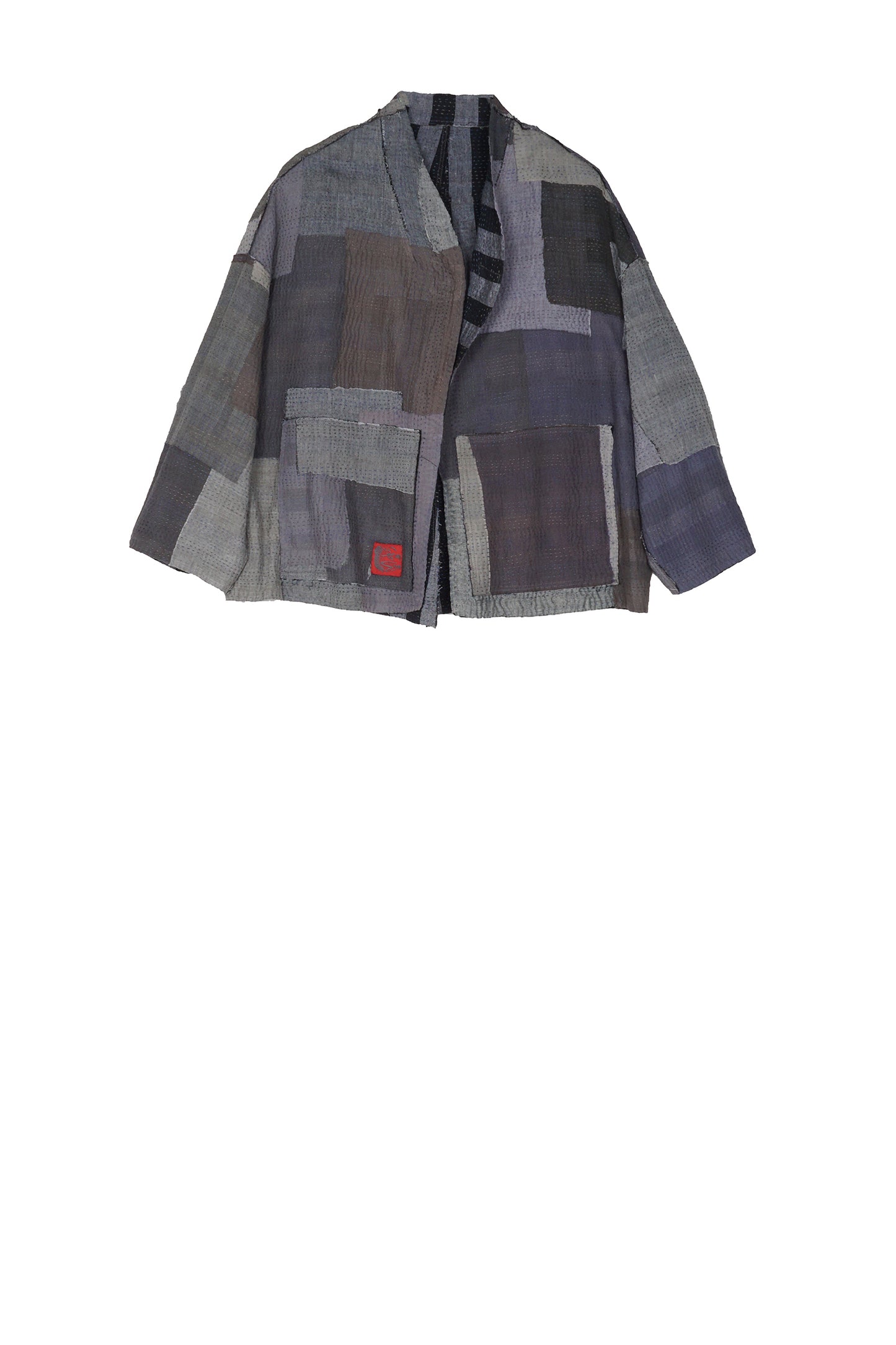 WOVEN STRIPE FRAYED PATCH BACK KANTHA STAND COLLAR CROPPED JKT