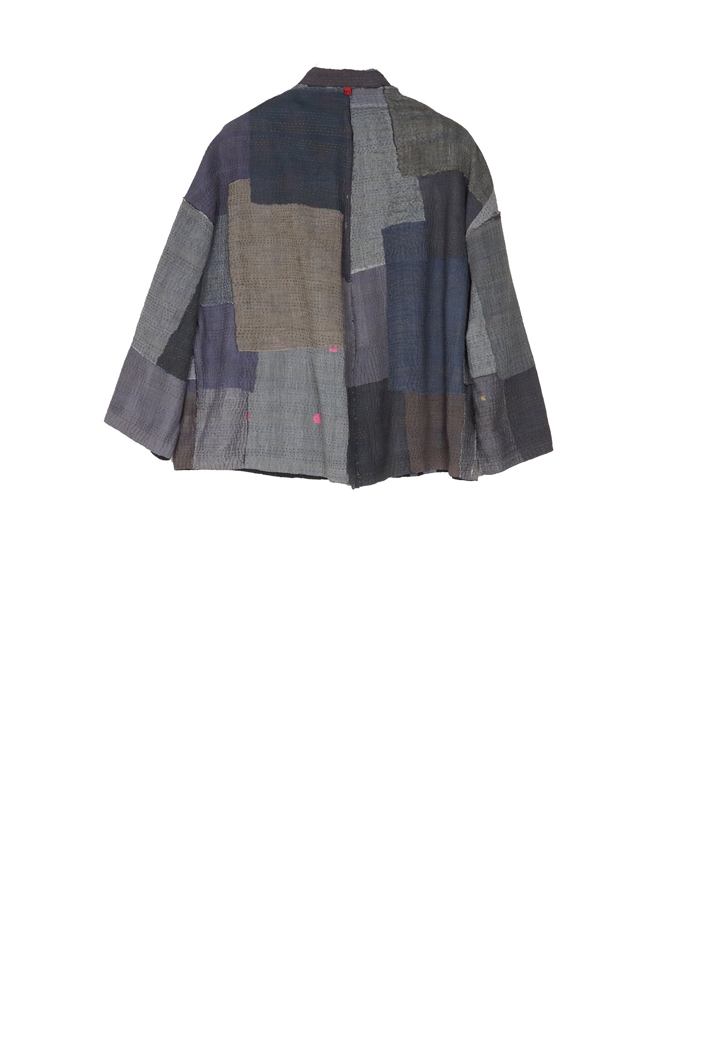 WOVEN STRIPE FRAYED PATCH BACK KANTHA STAND COLLAR CROPPED JKT