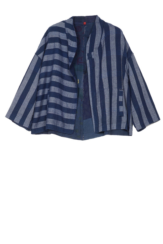 WOVEN STRIPE FRAYED PATCH BACK KANTHA STAND COLLAR CROPPED JKT