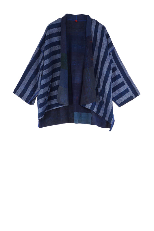 WOVEN STRIPE FRAYED PATCH BACK KANTHA MINI KIMONO JKT