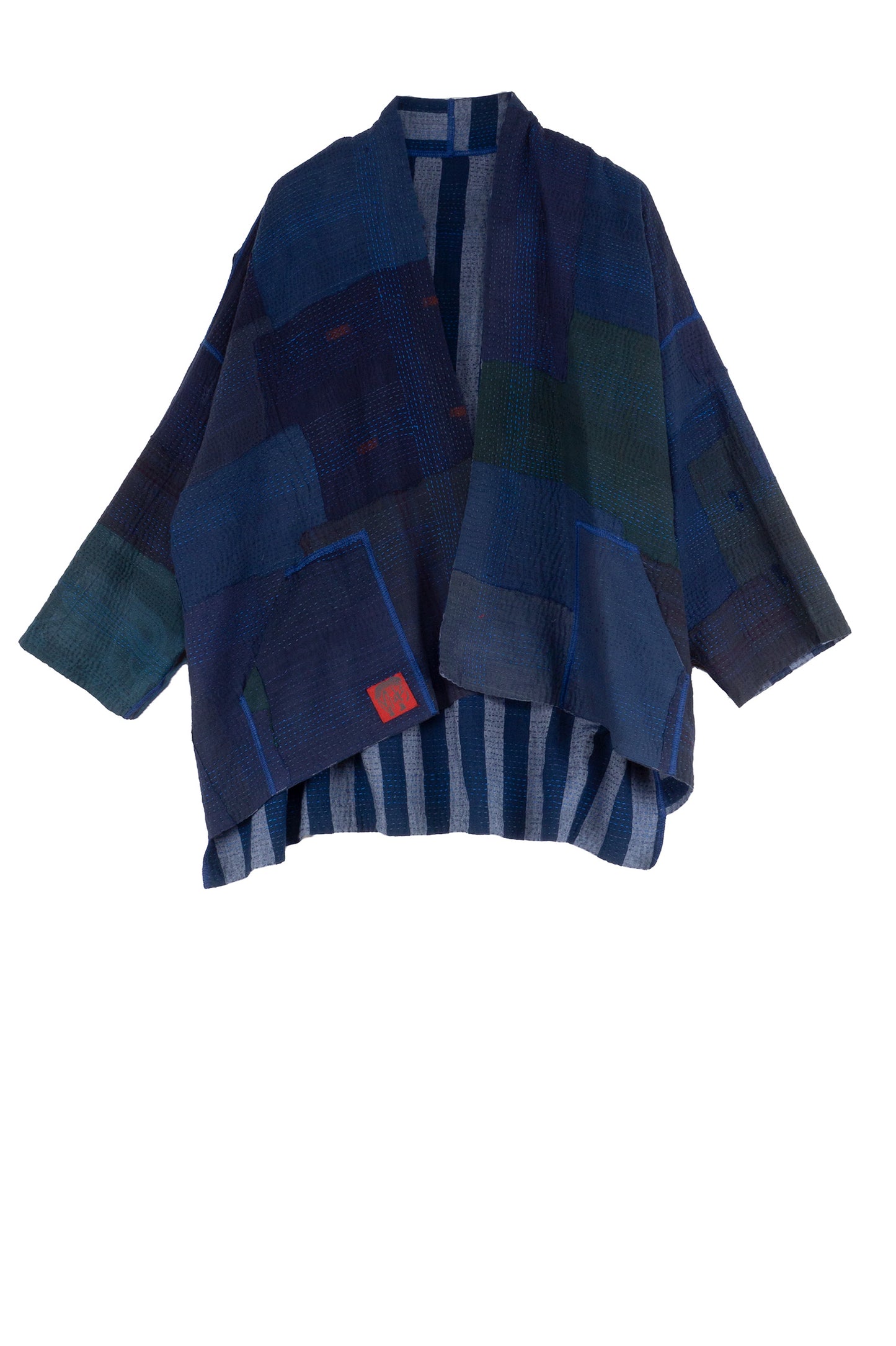 WOVEN STRIPE FRAYED PATCH BACK KANTHA MINI KIMONO JKT