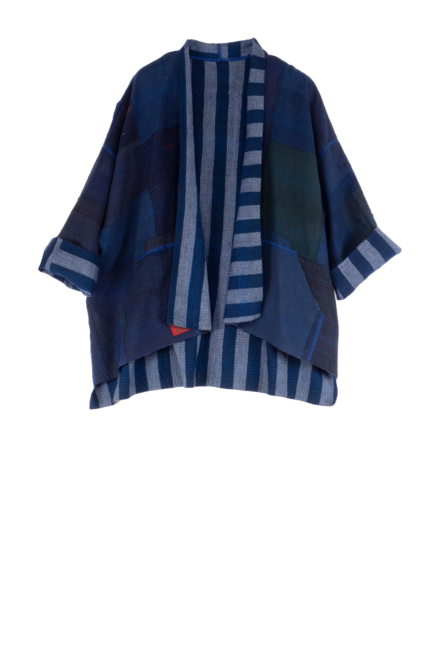 WOVEN STRIPE FRAYED PATCH BACK KANTHA MINI KIMONO JKT