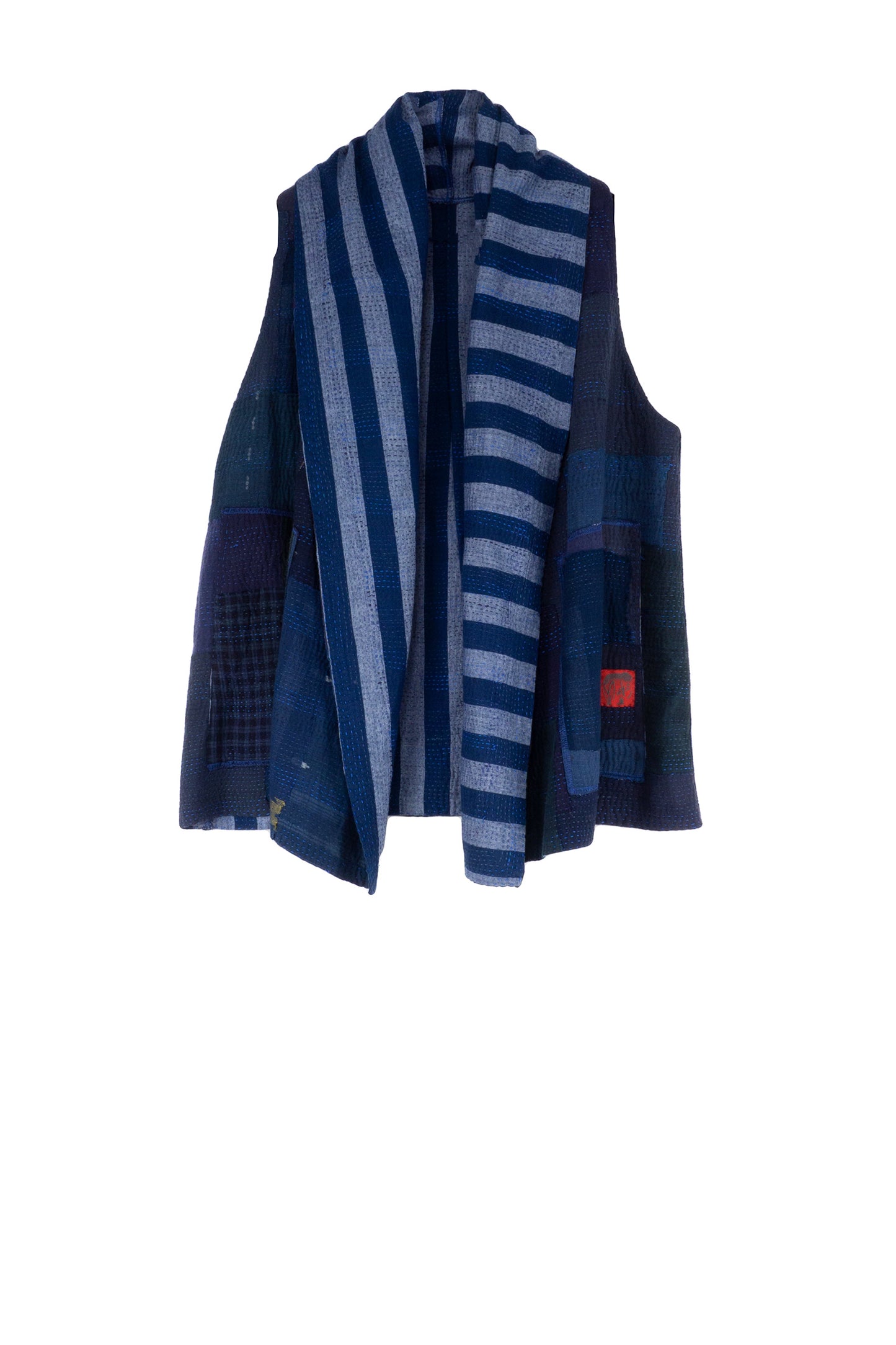 WOVEN STRIPE FRAYED PATCH BACK KANTHA SHAWL COLLAR SHORT VEST