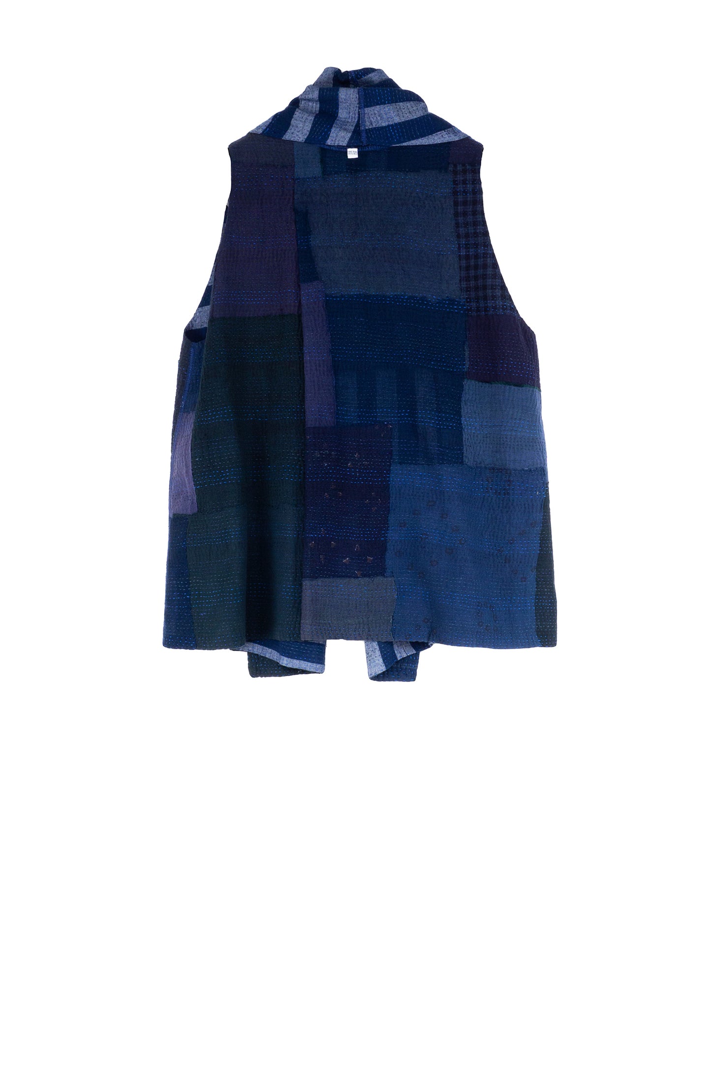 WOVEN STRIPE FRAYED PATCH BACK KANTHA SHAWL COLLAR SHORT VEST