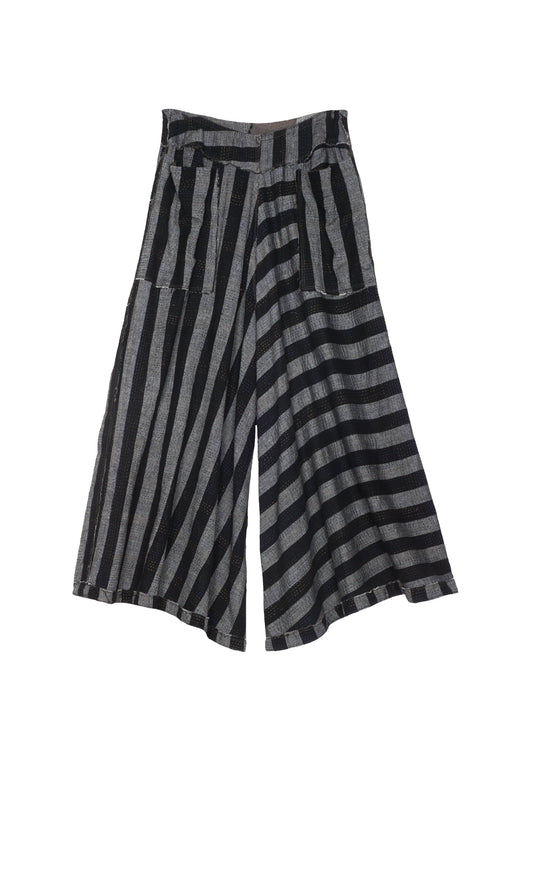 WOVEN STRIPE FRAYED PATCH BACK KANTHA WIDE LEG PANTS