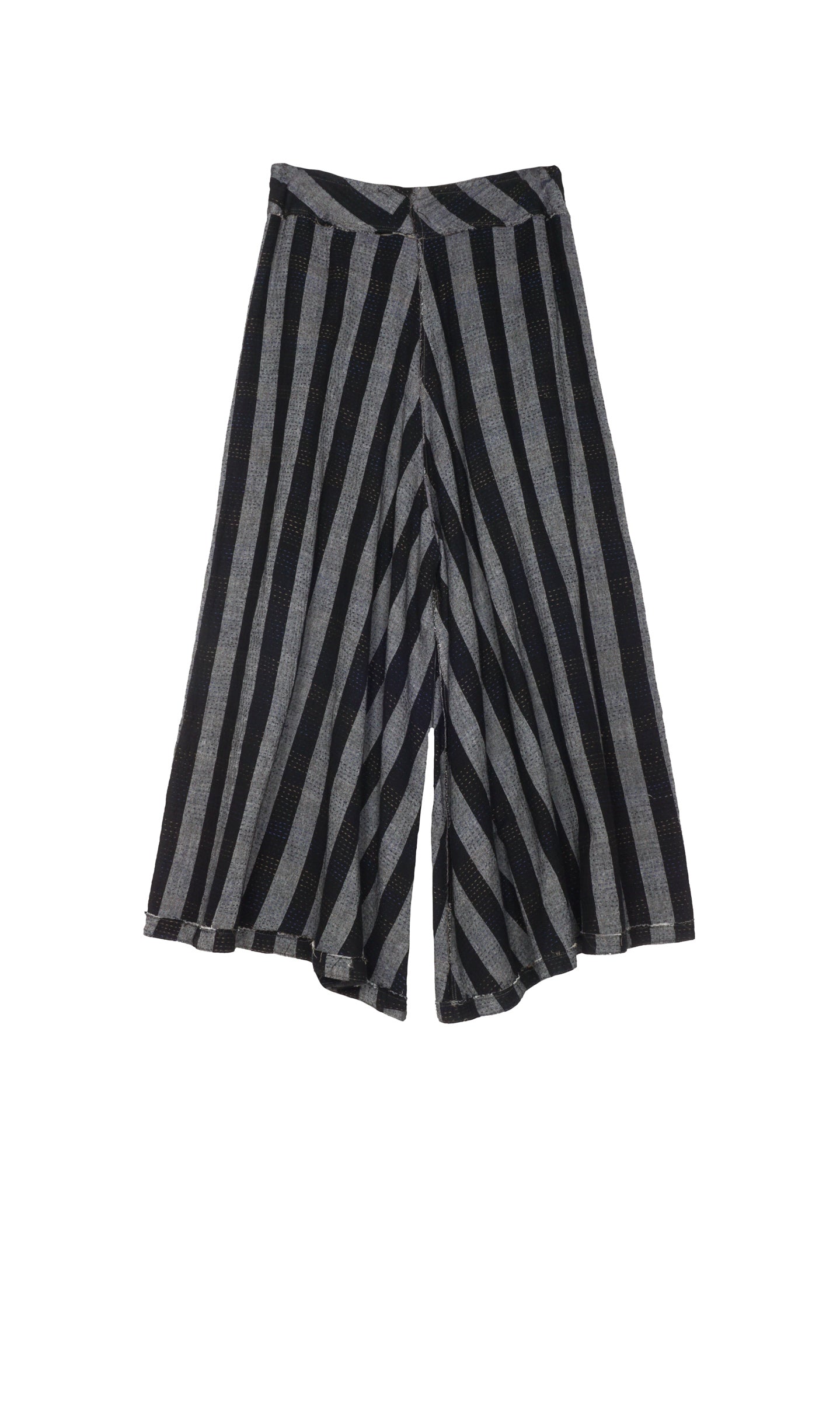 WOVEN STRIPE FRAYED PATCH BACK KANTHA WIDE LEG PANTS