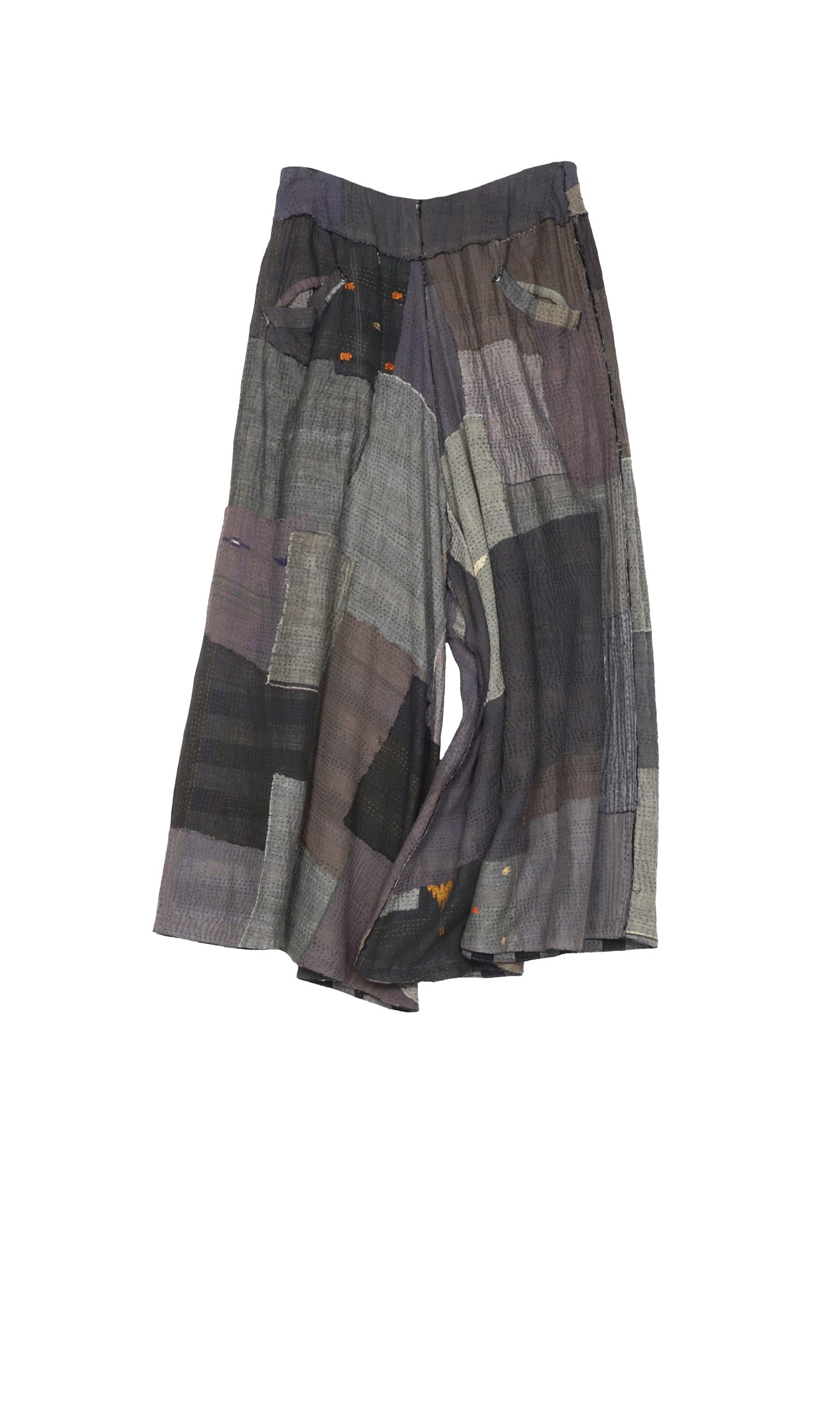 WOVEN STRIPE FRAYED PATCH BACK KANTHA WIDE LEG PANTS