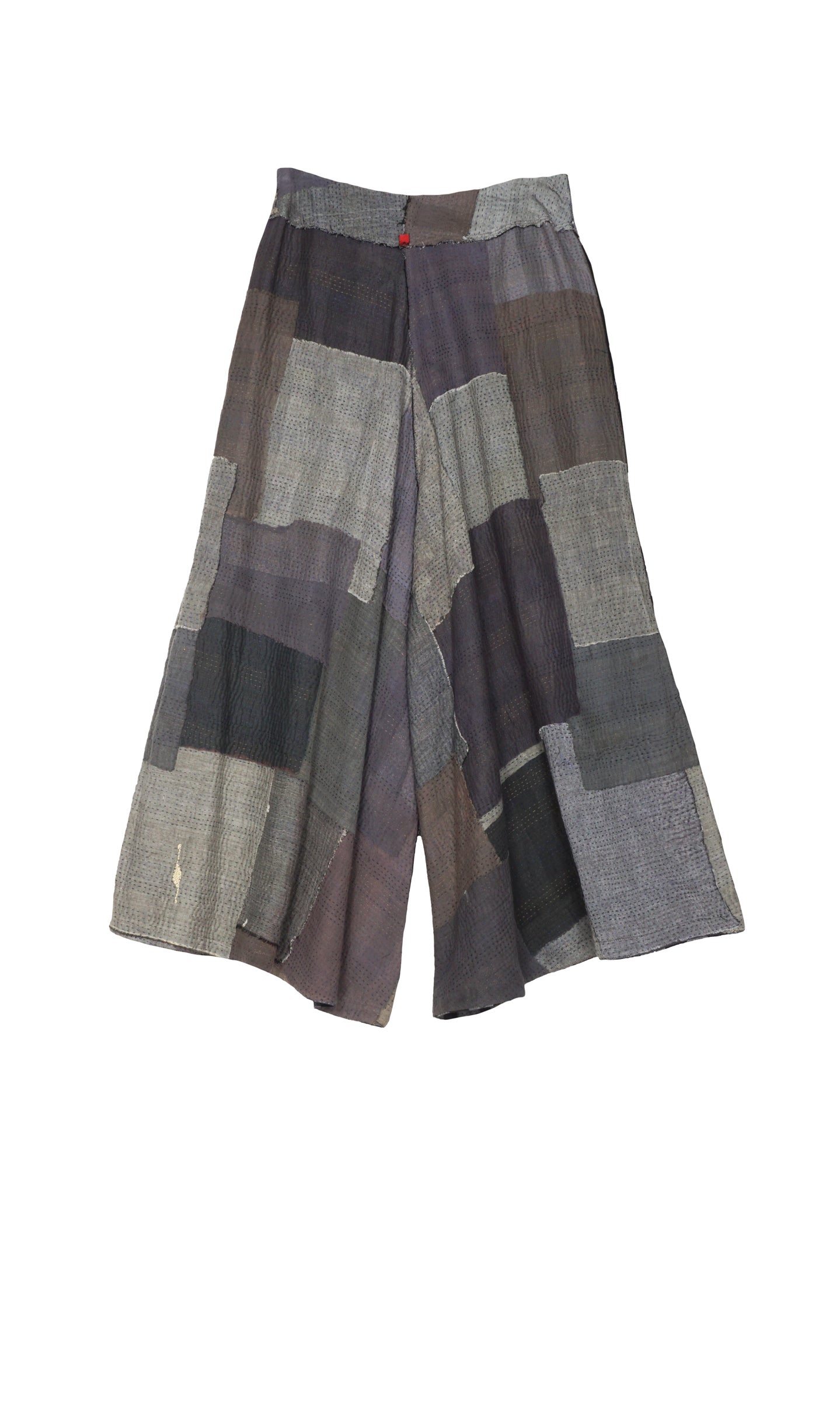 WOVEN STRIPE FRAYED PATCH BACK KANTHA WIDE LEG PANTS