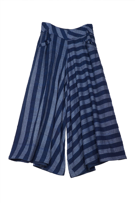 WOVEN STRIPE FRAYED PATCH BACK KANTHA WIDE LEG PANTS