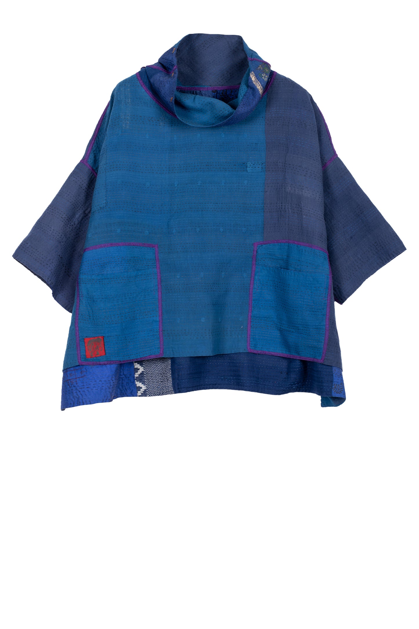 COTTON SILK SW PATCH KANTHA COWL NECK PONCHO