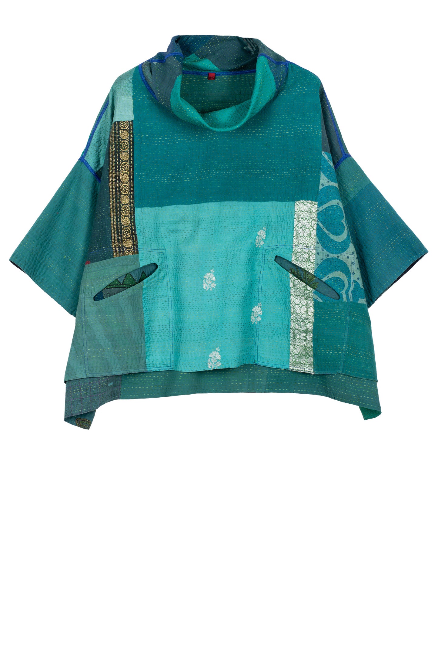 COTTON SILK SW PATCH KANTHA COWL NECK PONCHO