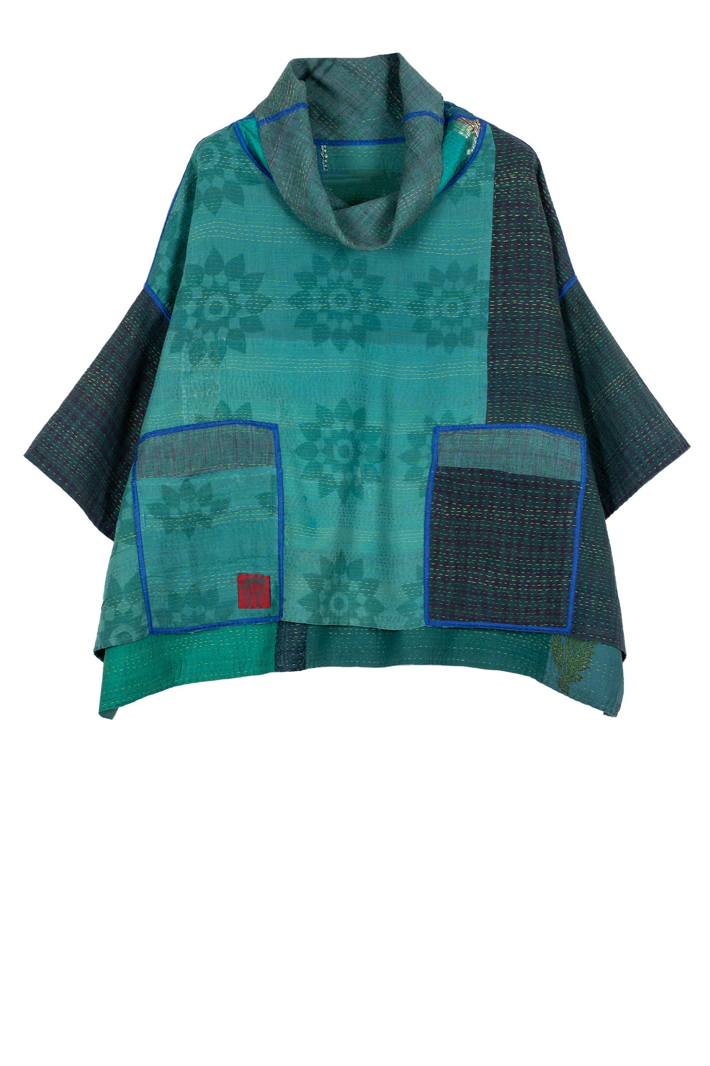 COTTON SILK SW PATCH KANTHA COWL NECK PONCHO