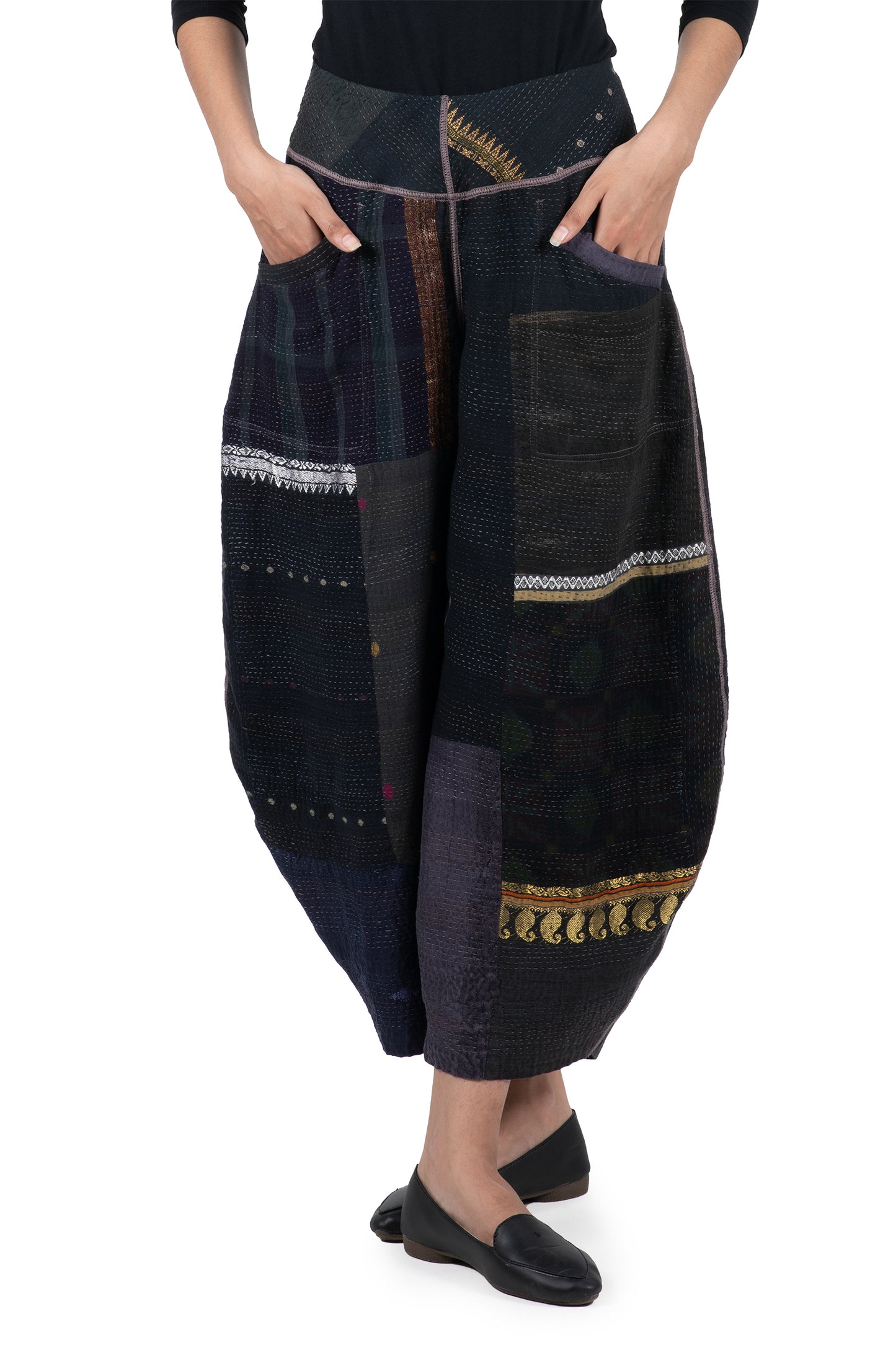 COTTON SILK SW PATCH KANTHA HAREM PANTS - ws2605-blk -