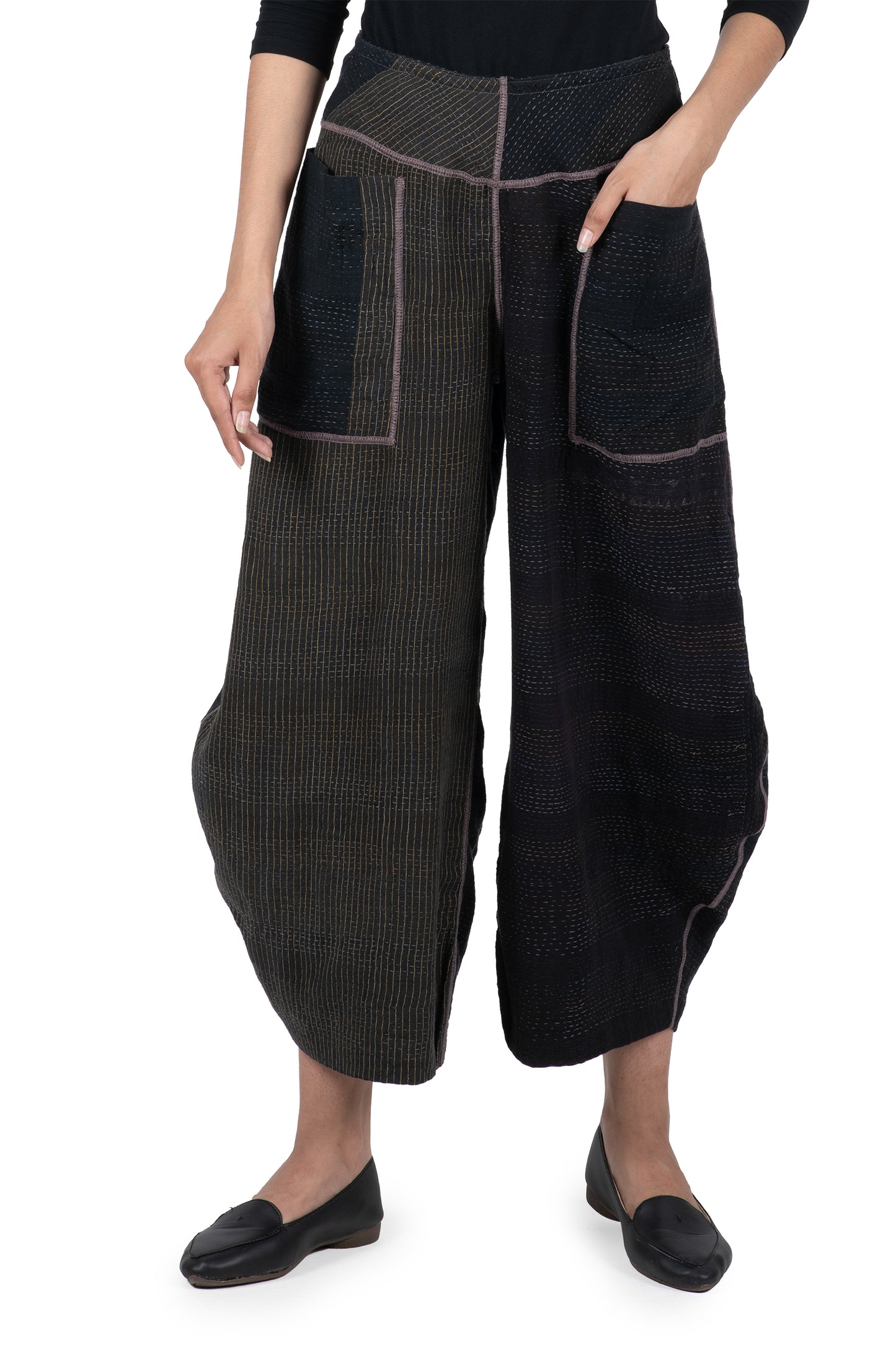 COTTON SILK SW PATCH KANTHA HAREM PANTS - ws2605-blk -