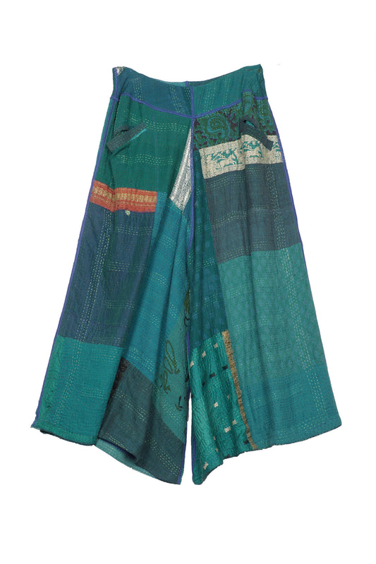 COTTON SILK SW PATCH KANTHA WIDE LEG SHORT PANTS