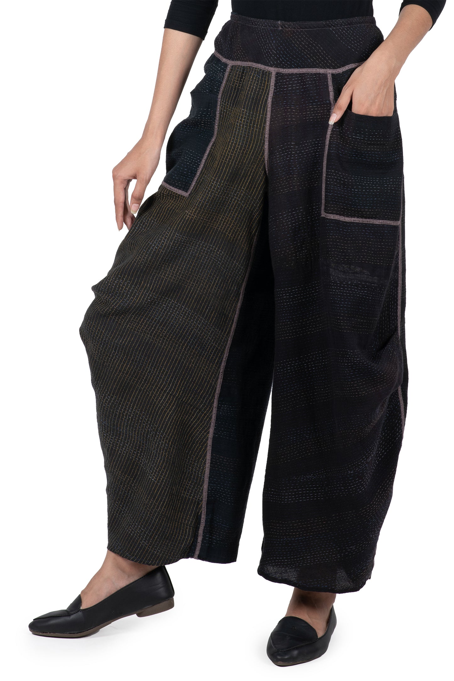 COTTON SILK SW PATCH KANTHA KNEE TUCKED PANTS