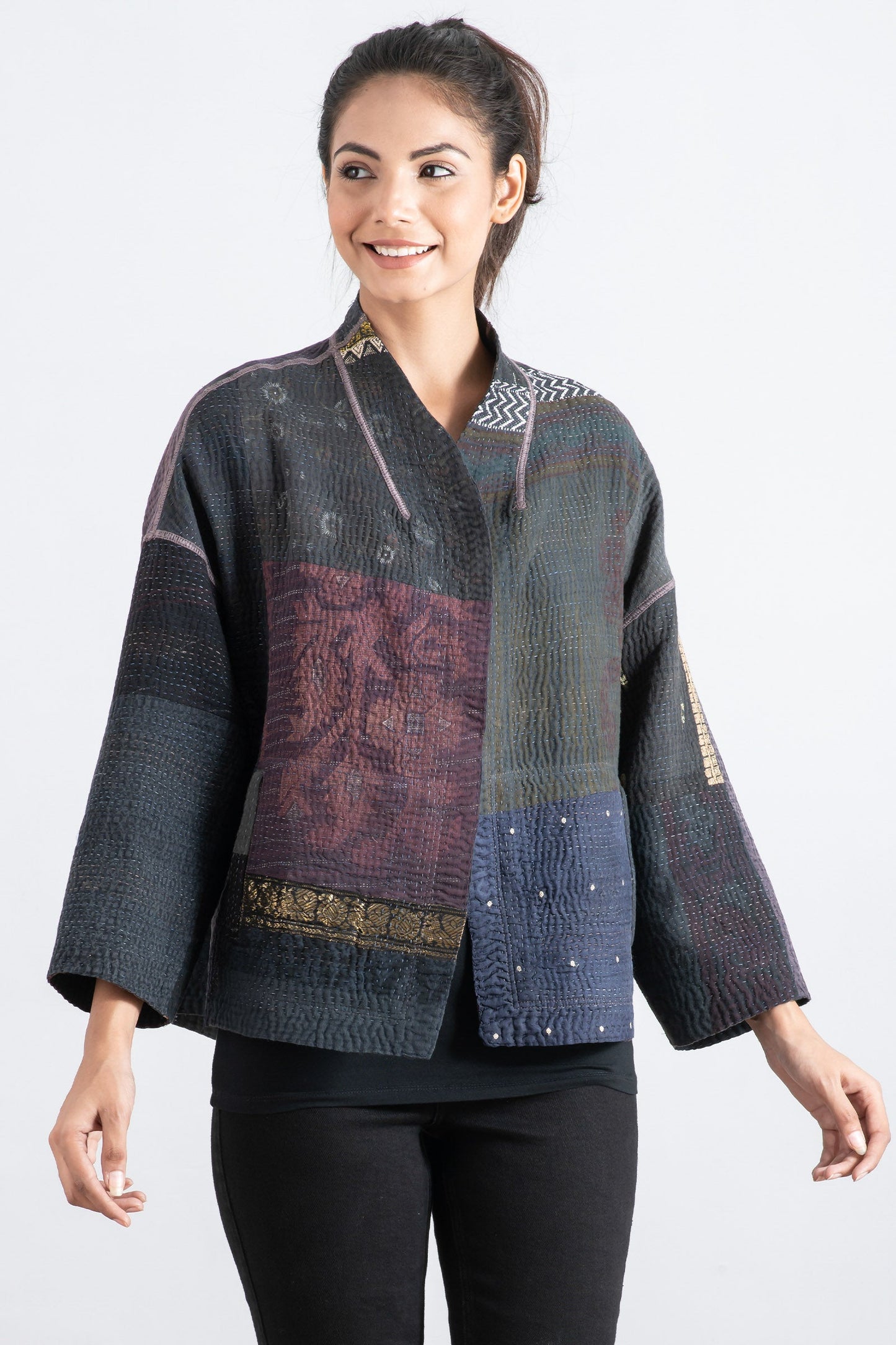 COTTON SILK SW PATCH KANTHA STAND COLLAR CROPPED JACKET