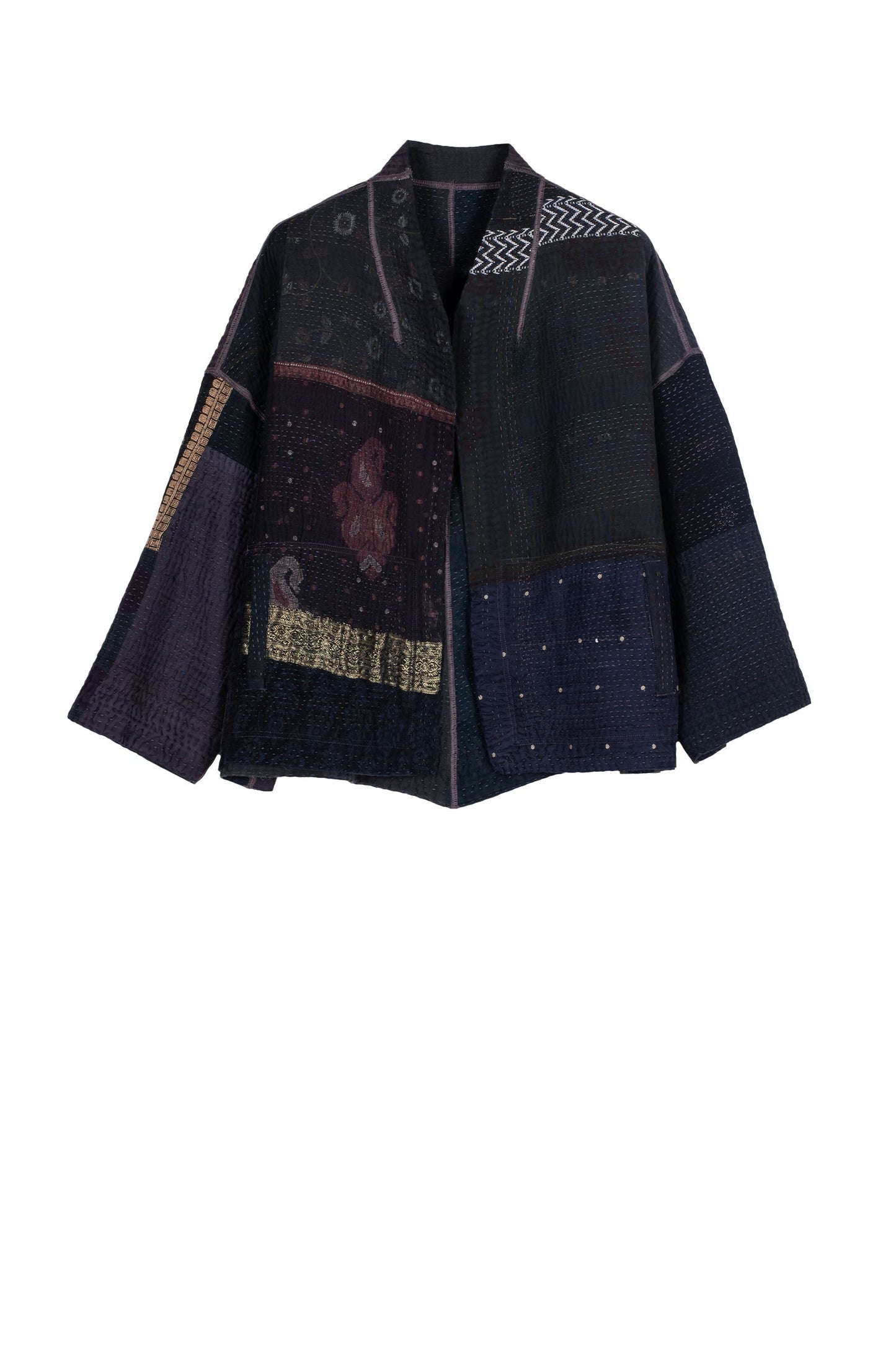 COTTON SILK SW PATCH KANTHA STAND COLLAR CROPPED JACKET