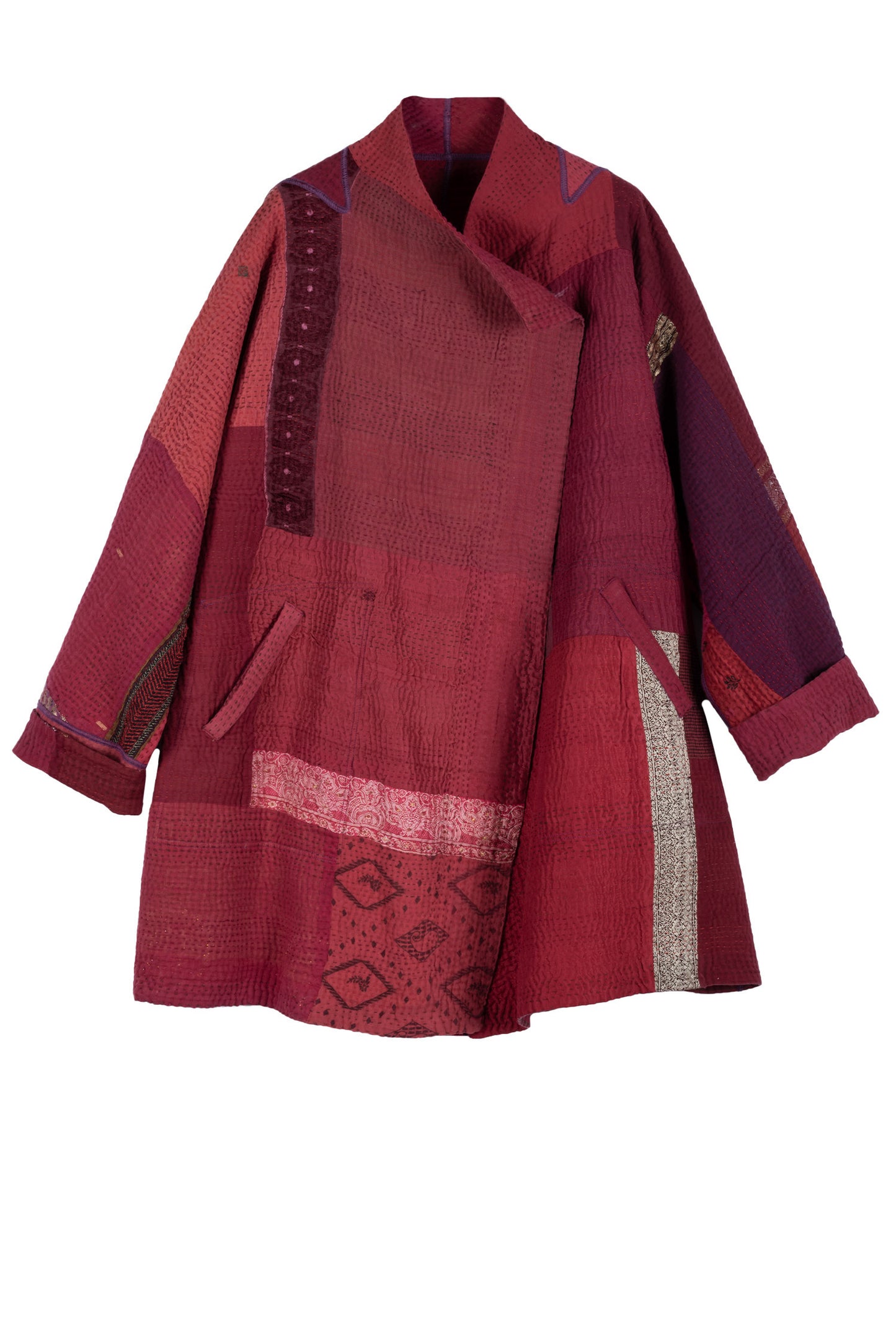 COTTON SILK SW PATCH KANTHA FUNNEL COLLAR COAT