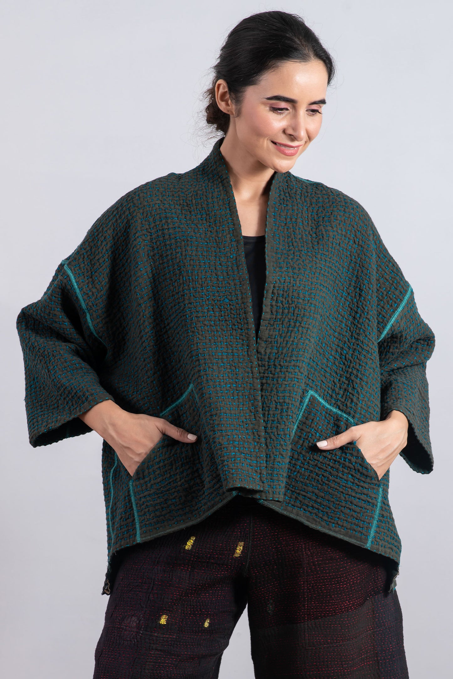 WOOL WAFFLE KANTHA MINI KIMONO JKT