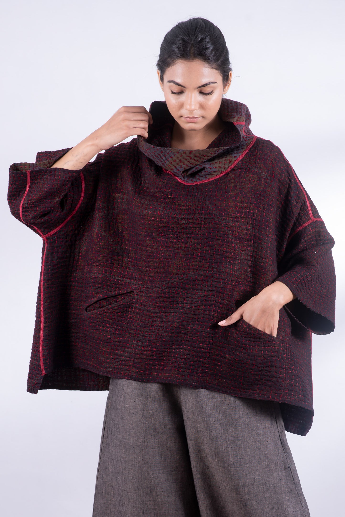 WOOL WAFFLE KANTHA COWL NECK PONCHO