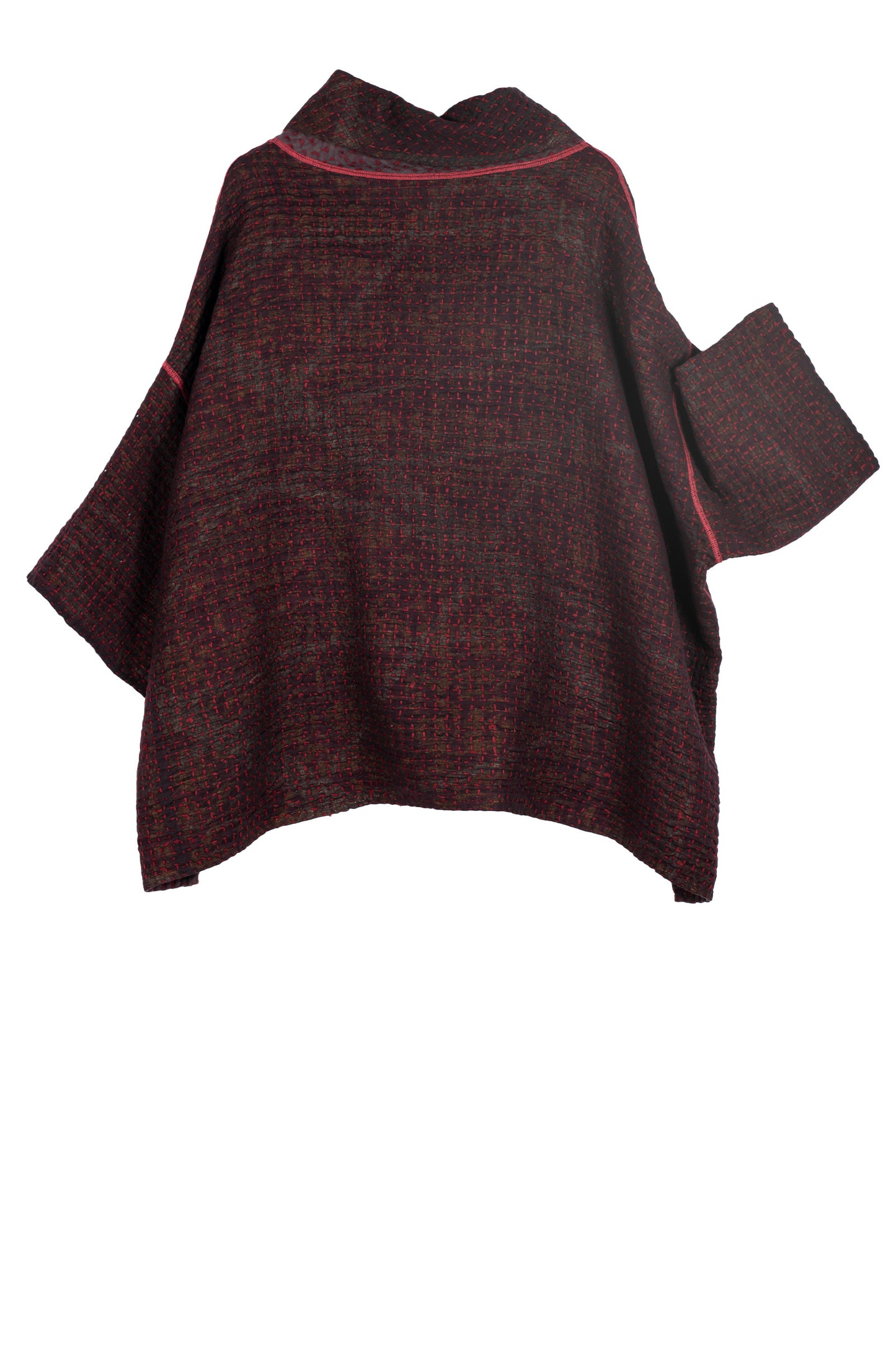 WOOL WAFFLE KANTHA COWL NECK PONCHO