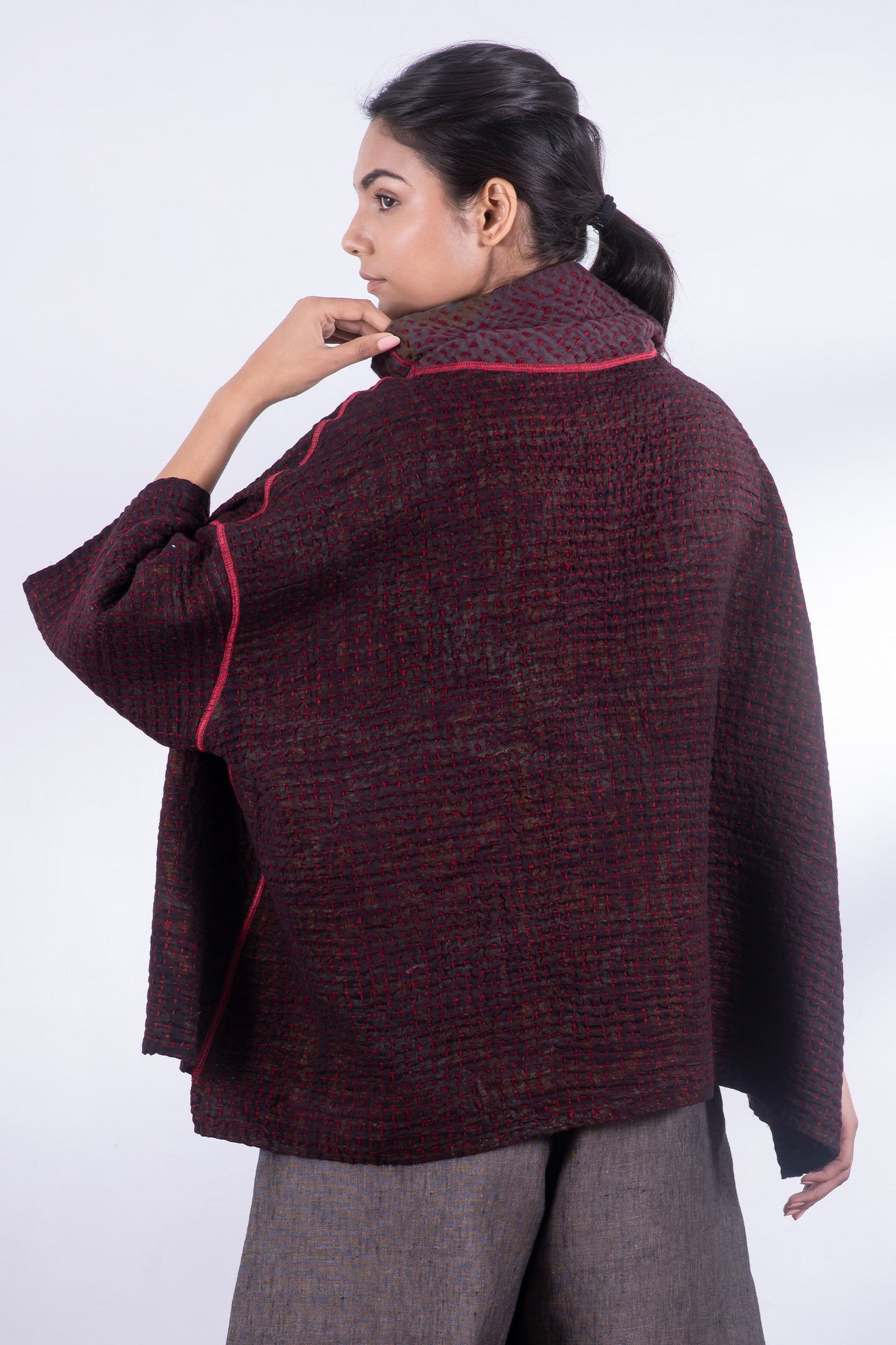 WOOL WAFFLE KANTHA COWL NECK PONCHO