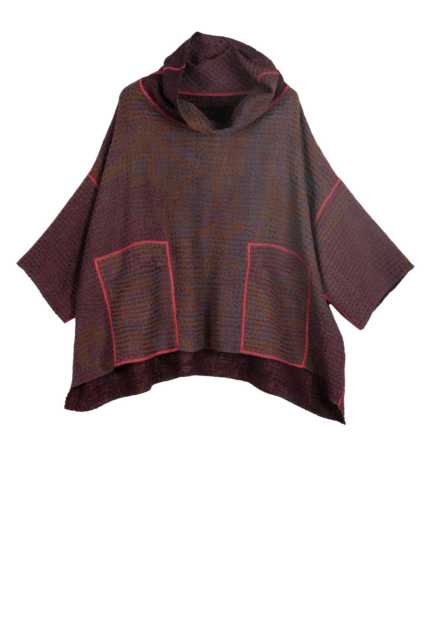 WOOL WAFFLE KANTHA COWL NECK PONCHO