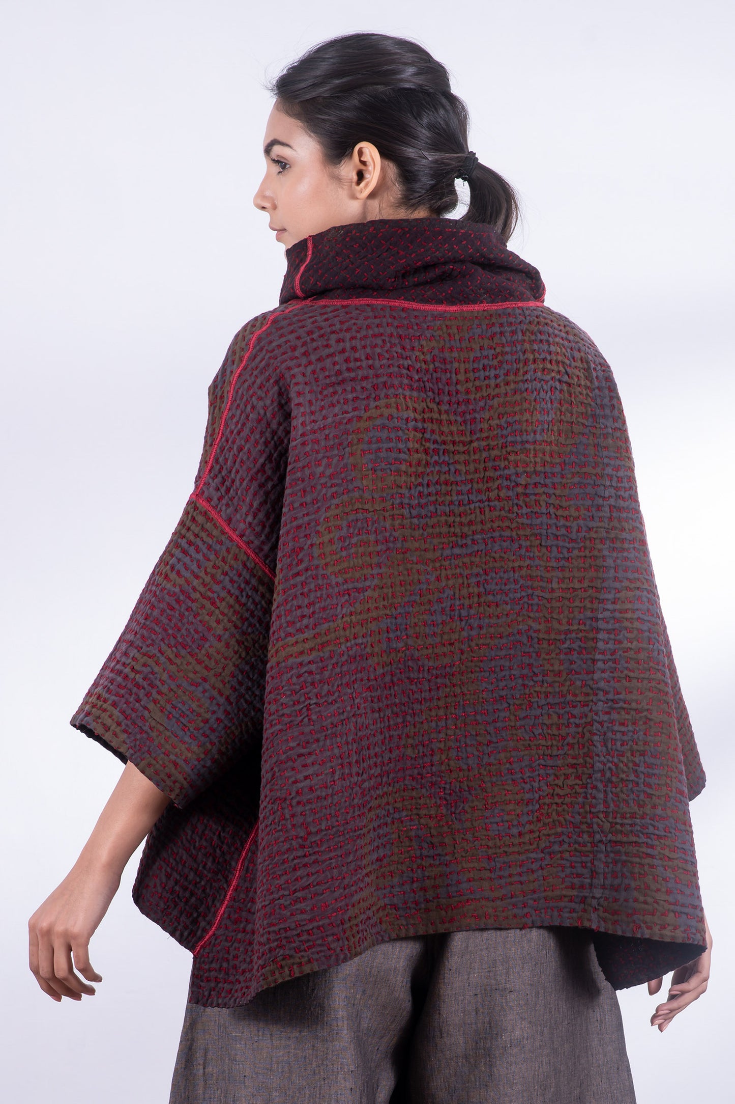 WOOL WAFFLE KANTHA COWL NECK PONCHO