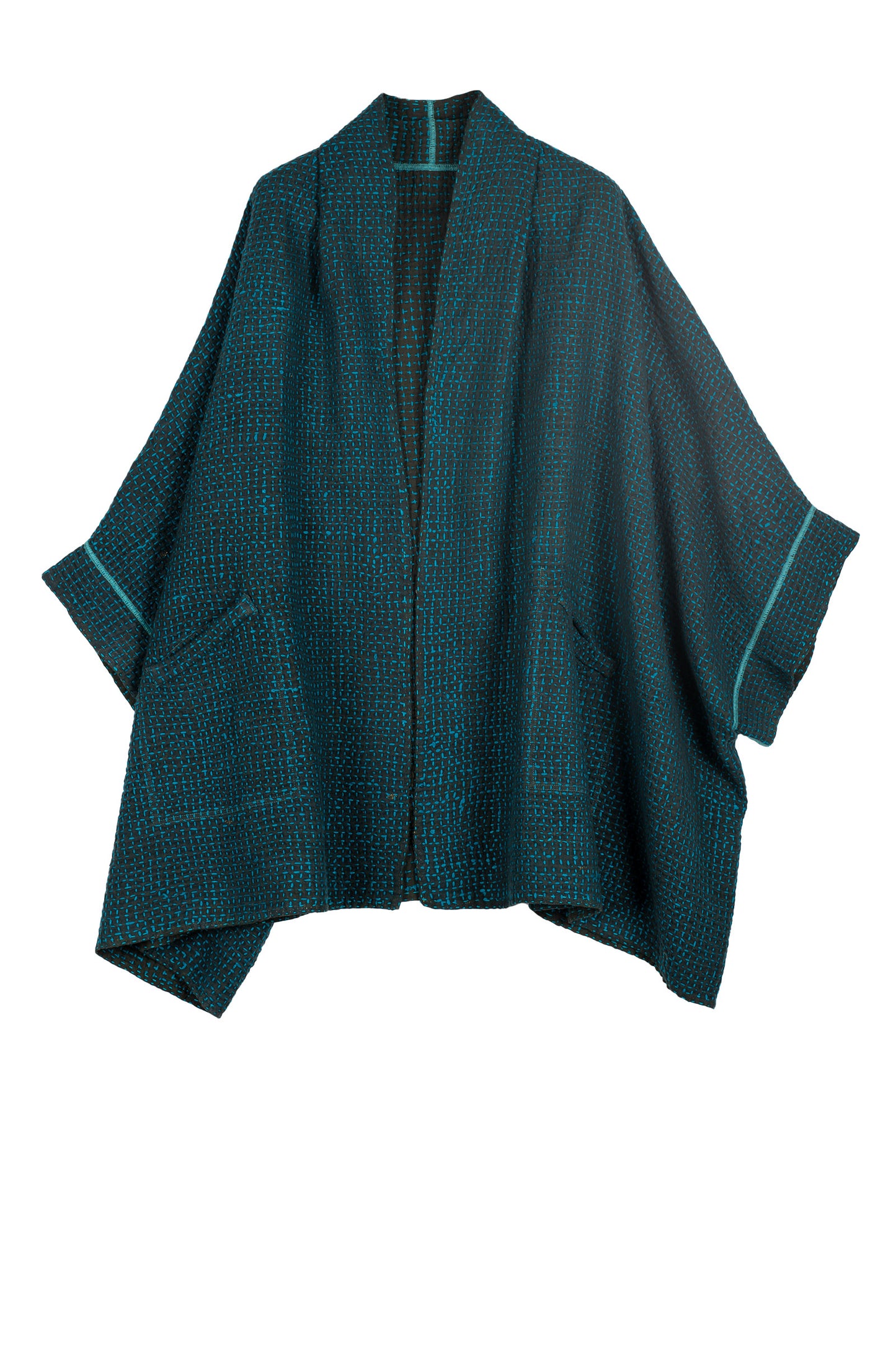 WOOL WAFFLE KANTHA DOUBLE COLLAR PONCHO