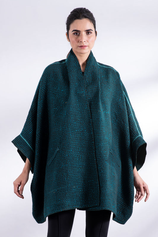 WOOL WAFFLE KANTHA DOUBLE COLLAR PONCHO