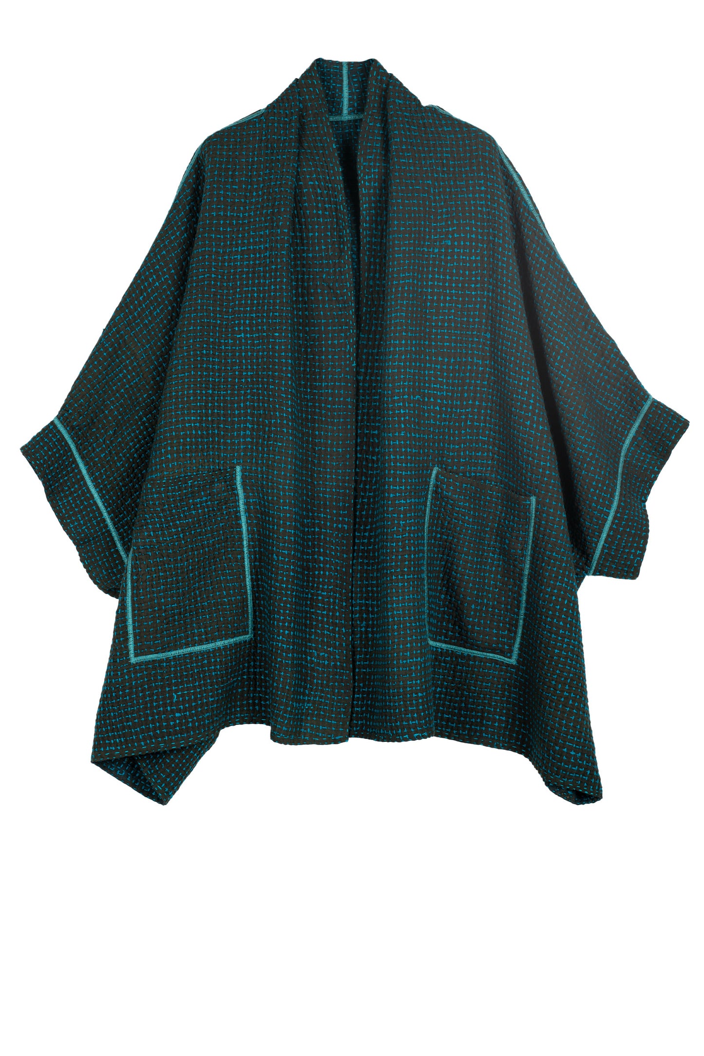 WOOL WAFFLE KANTHA DOUBLE COLLAR PONCHO