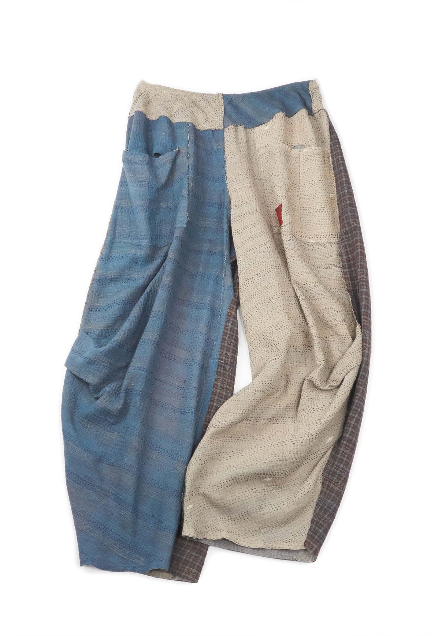 FRAYED PATCH KANTHA KNEE TUCKED PANTS