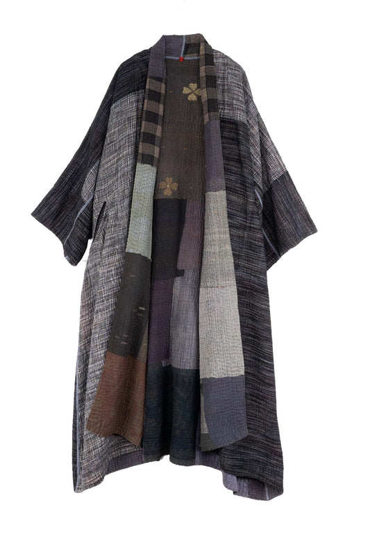 WOVEN IKAT & FRAYED PATCH KANTHA KIMONO ROBE