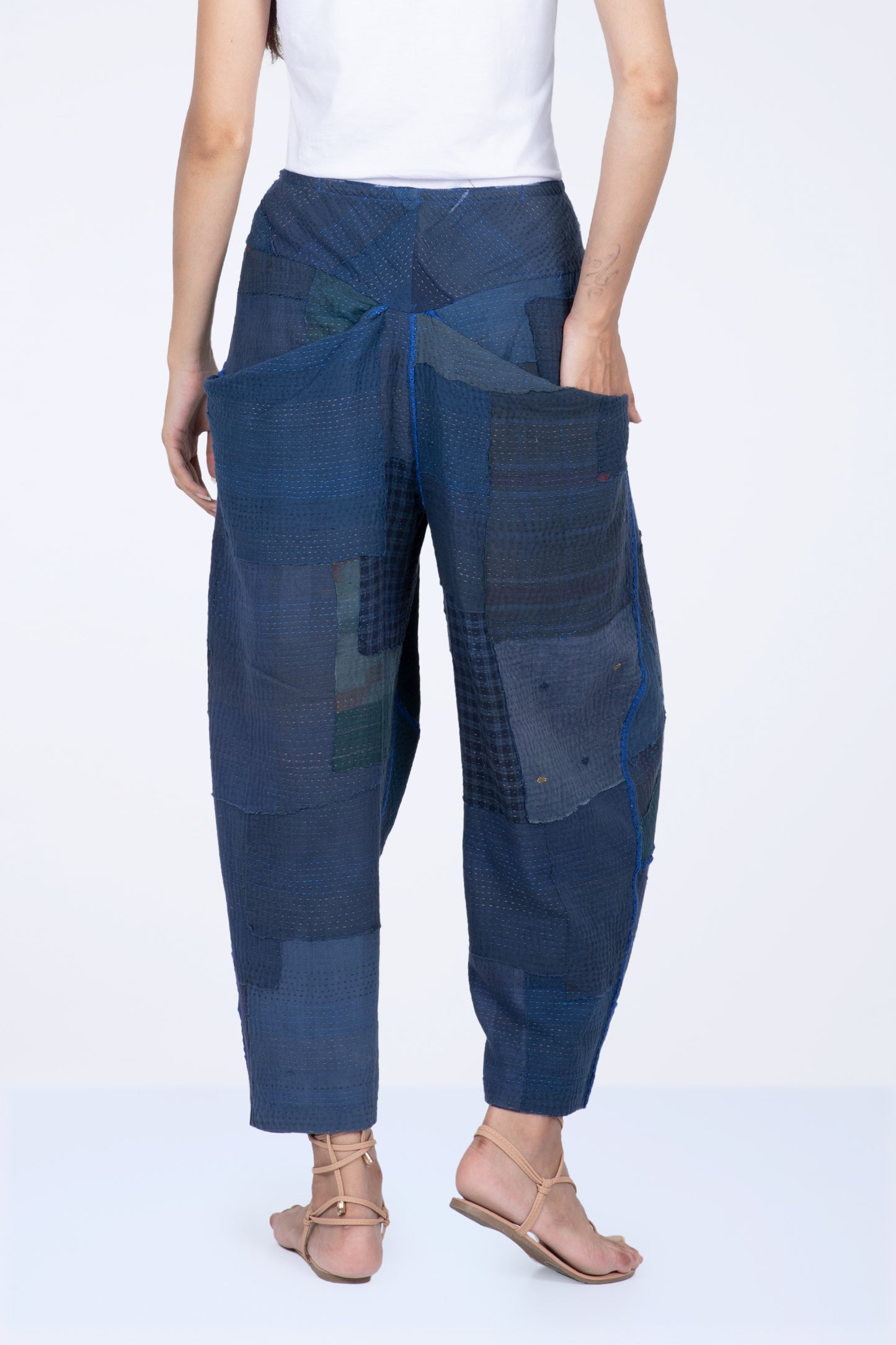 WOVEN STRIPE FRAYED PATCH BACK KANTHA YAMAHA PANTS