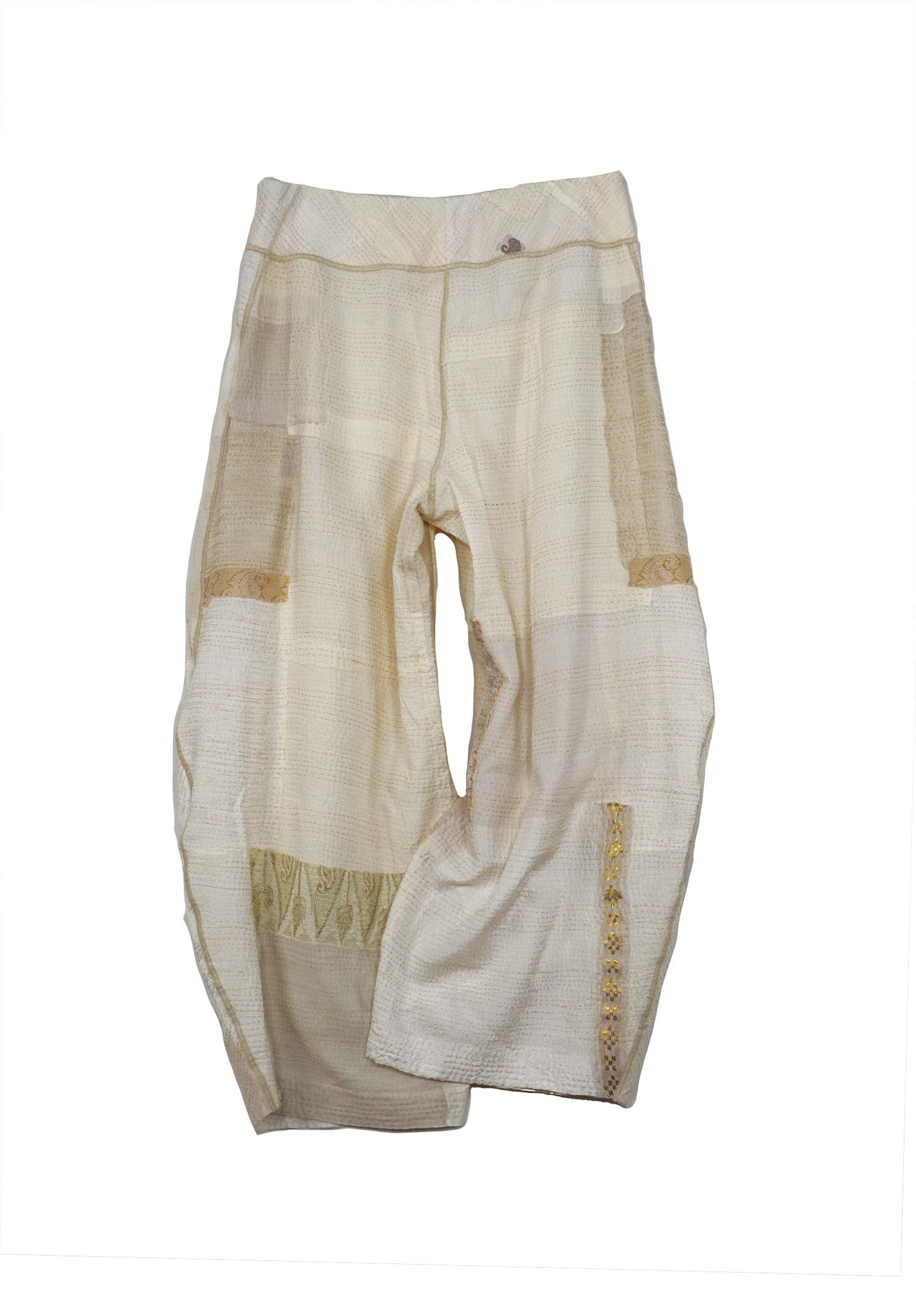 FRAYED PATCH KANTHA KNEE TUCKED PANTS