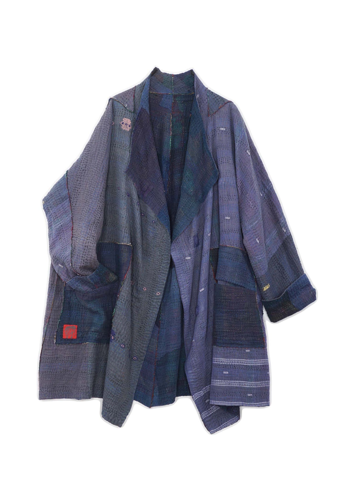 FRAYED PATCH KANTHA FUNNEL COLLAR COAT