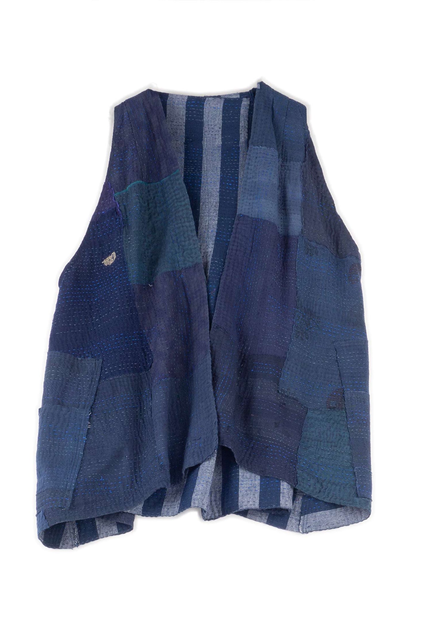 WOVEN STRIPE FRAYED PATCH BACK KANTHA BACK PLEATED VEST SHORT