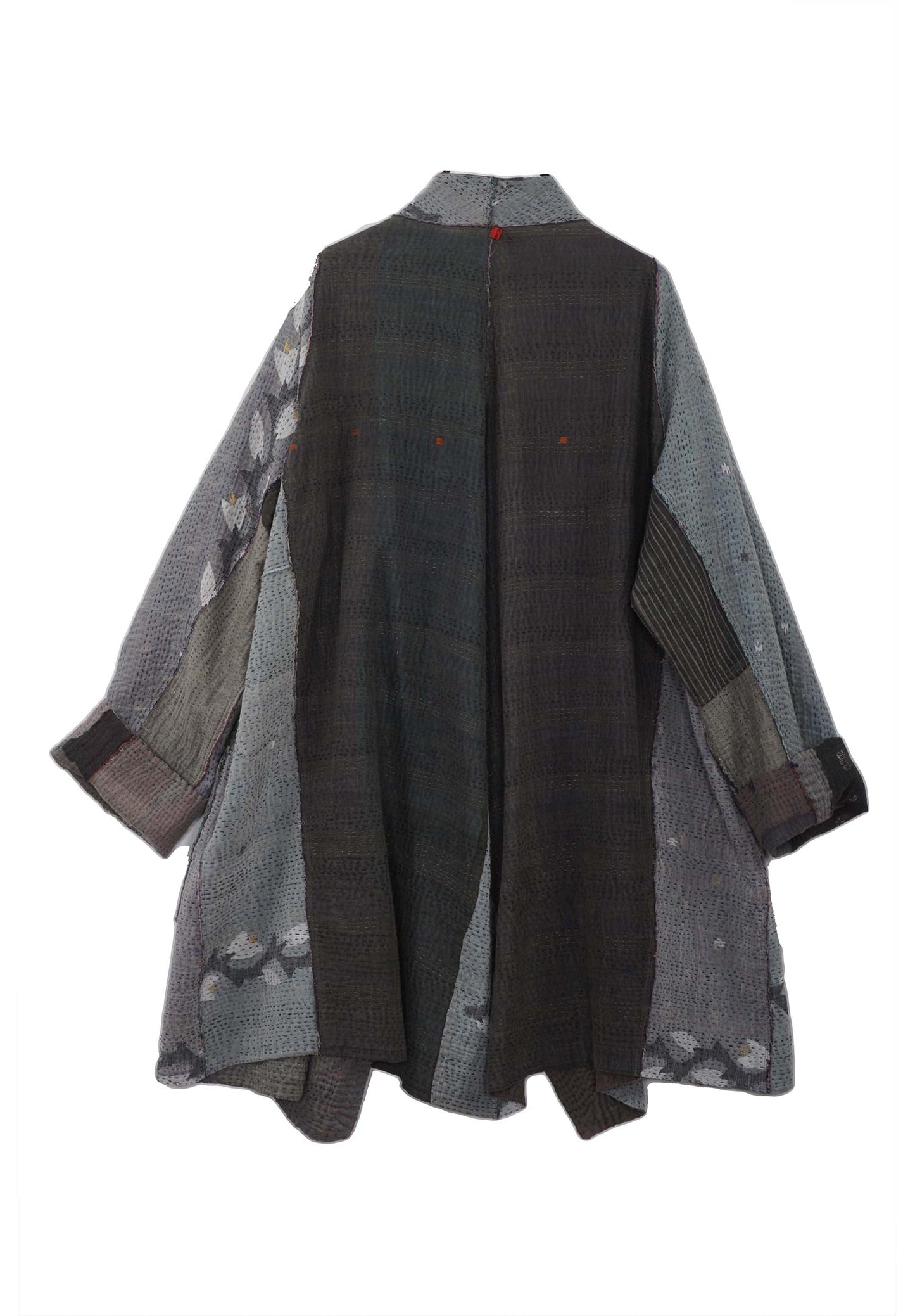 FRAYED PATCH KANTHA FUNNEL COLLAR COAT