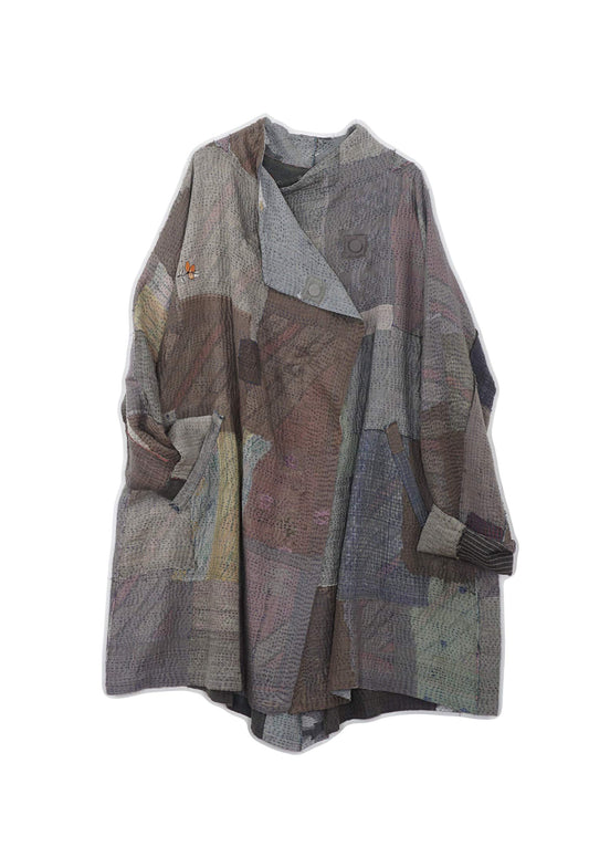 FRAYED PATCH KANTHA FUNNEL COLLAR COAT